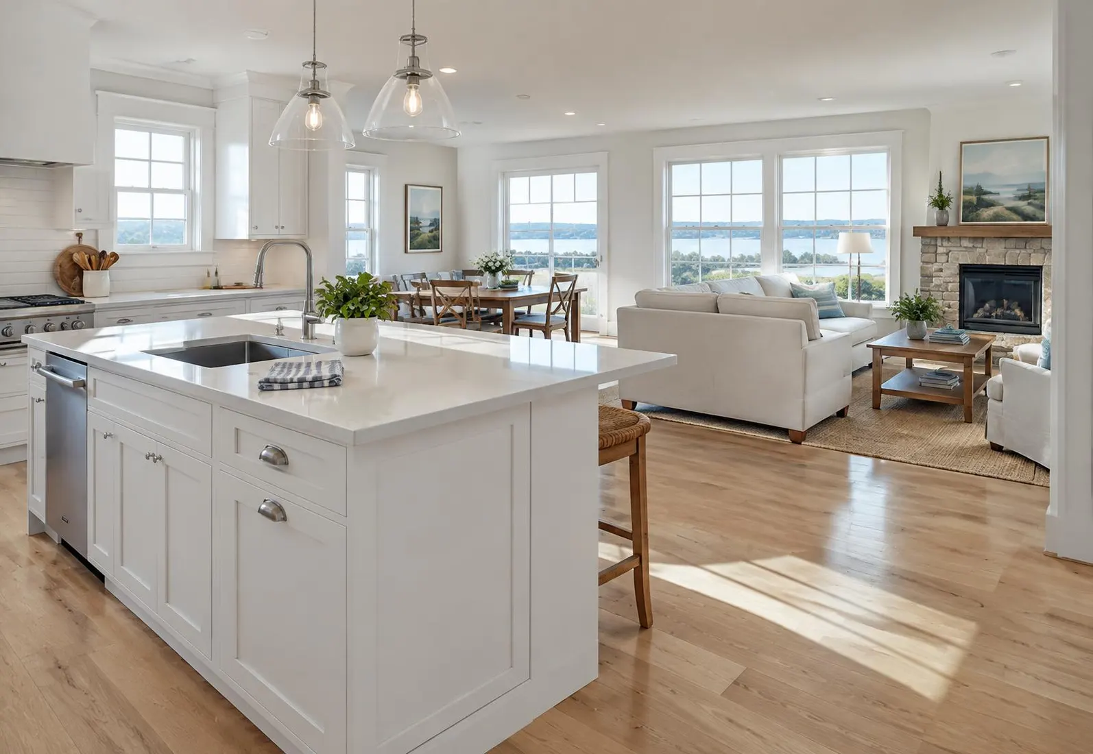 Bright, freshly cleaned kitchen and living room in a Lowell, Massachusetts home